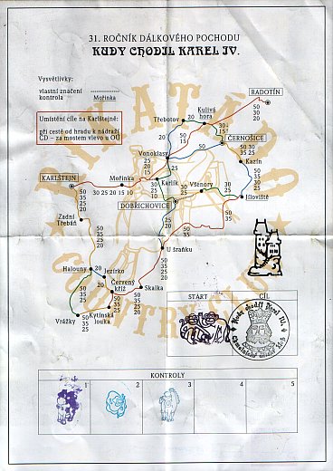 Mapa pochodu s prostorem na razítka.